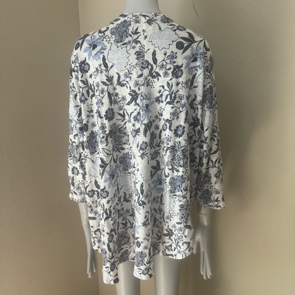 RACHEL ZOE 100% Linen Floral Knit Tunic Tee V-Neck Top 3/4 Sleeves Blue White - Picture 8 of 16